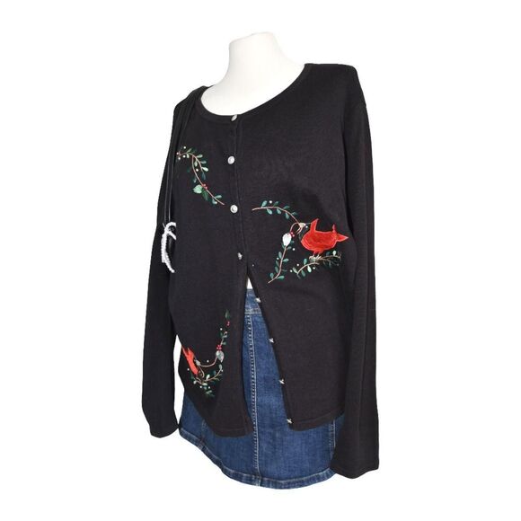 Vintage 90s Classic Elements Grandma Black Cardigan Birds Sz 22 XL - Picture 2 of 7